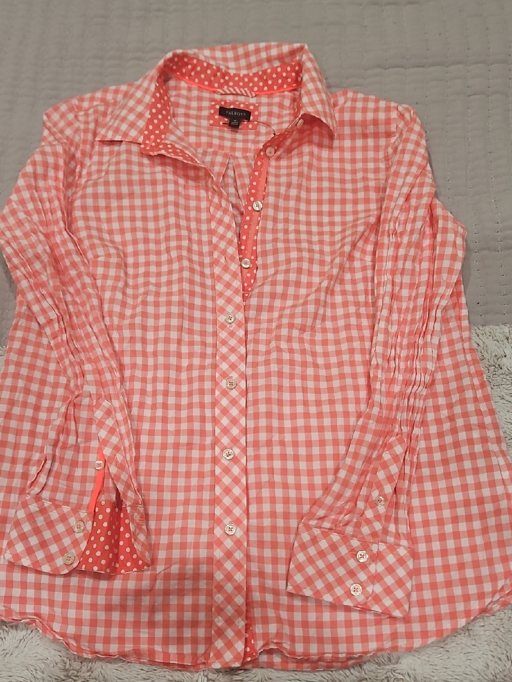 Talbots Coral and White Gingham Button-Down Shirt